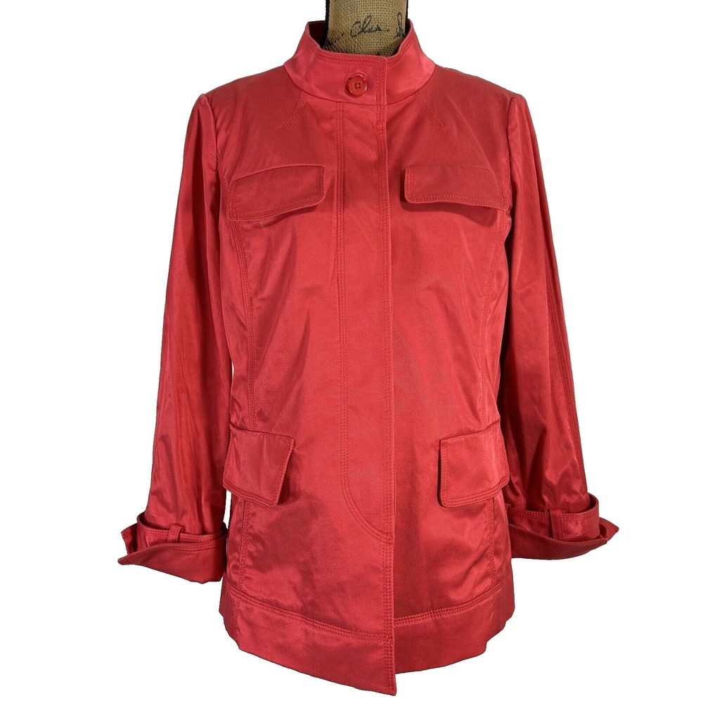 Ellen Tracy Jacket MED Bright Red Mono Stripe Button Pocket Long Sl Outerwear